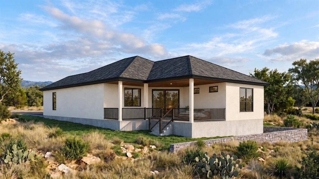 816 Oak Lane, Cottonwood Shores, TX 78657 Architectural rendering of proposed finished home. Final appearance and finishes may vary. Single-story residence featuring a covered patio with columns and railings, a dark shingle roof, and a stone retaining wall