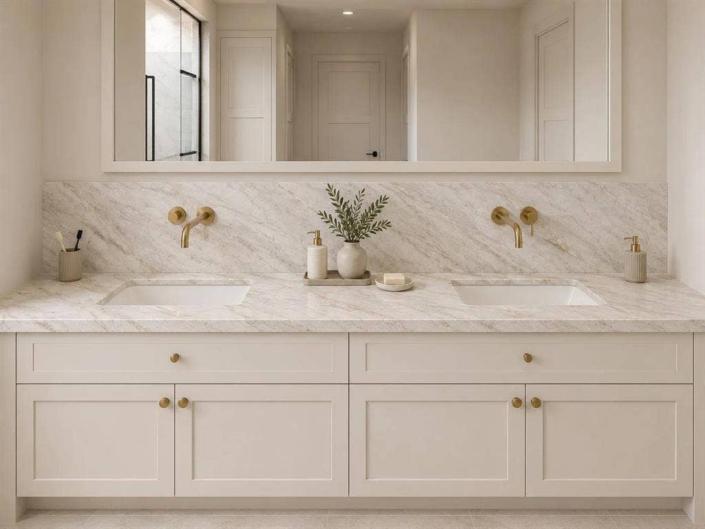 816 Oak Lane, Cottonwood Shores, TX 78657 Architectural rendering of proposed finished home. Final appearance and finishes may vary. Interior design rendering illustrating the proposed finished space. Final finishes may vary. Dual integrated sinks with wall-mounted brass faucets, complemented by a large vanity mirror