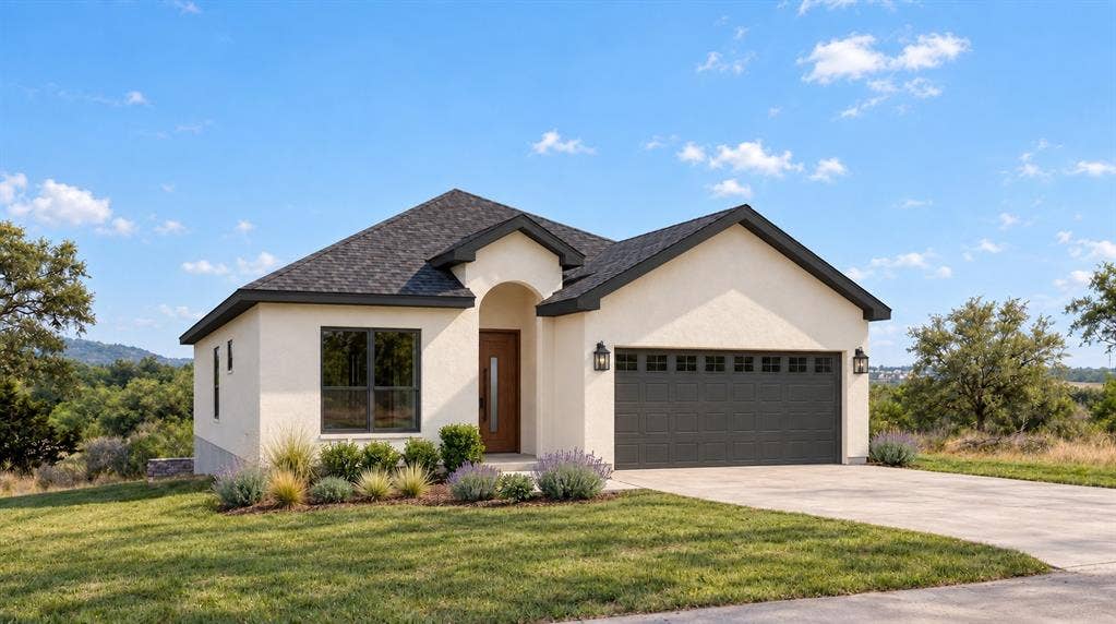 816 Oak Lane, Cottonwood Shores, TX 78657 Architectural rendering of proposed finished home. Final appearance and finishes may vary. Stucco exterior with a dark shingled roof and dark trim