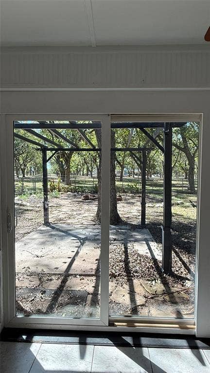 8513 Ravenswood Road, Granbury, TX 76049 Sliding glass patio door with a concrete patio and a metal pergola, surrounded by mature trees. This is set up to be a dream backyard.