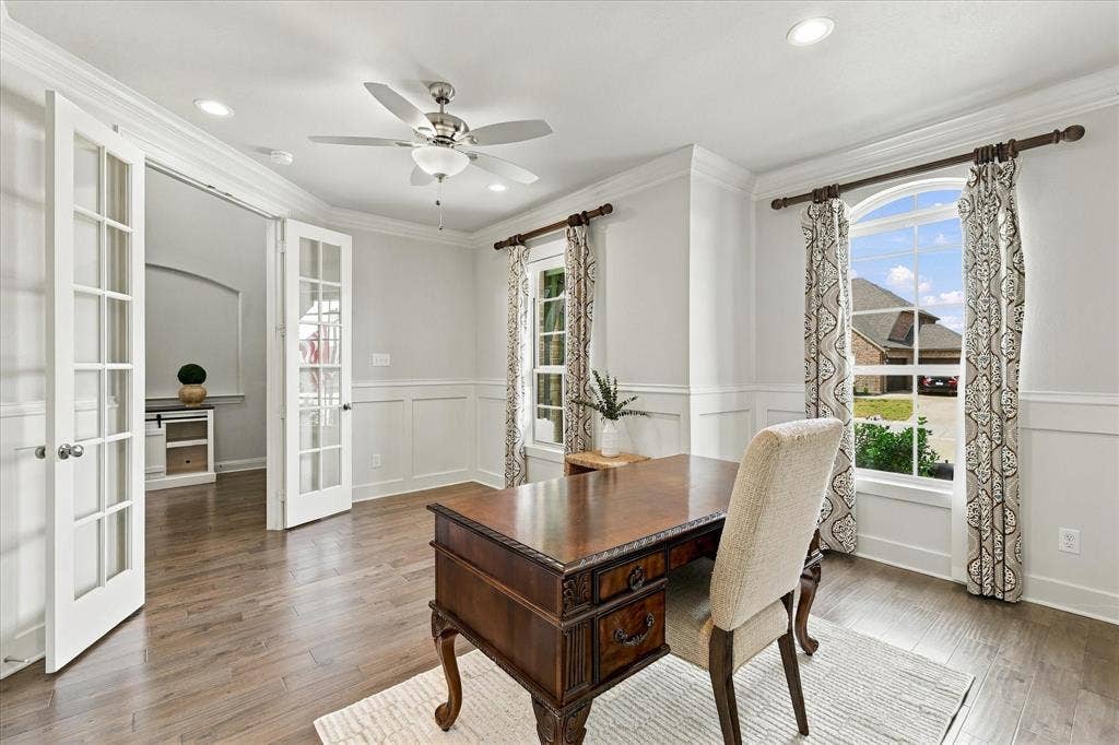 French doors at the office entrance provide privacy