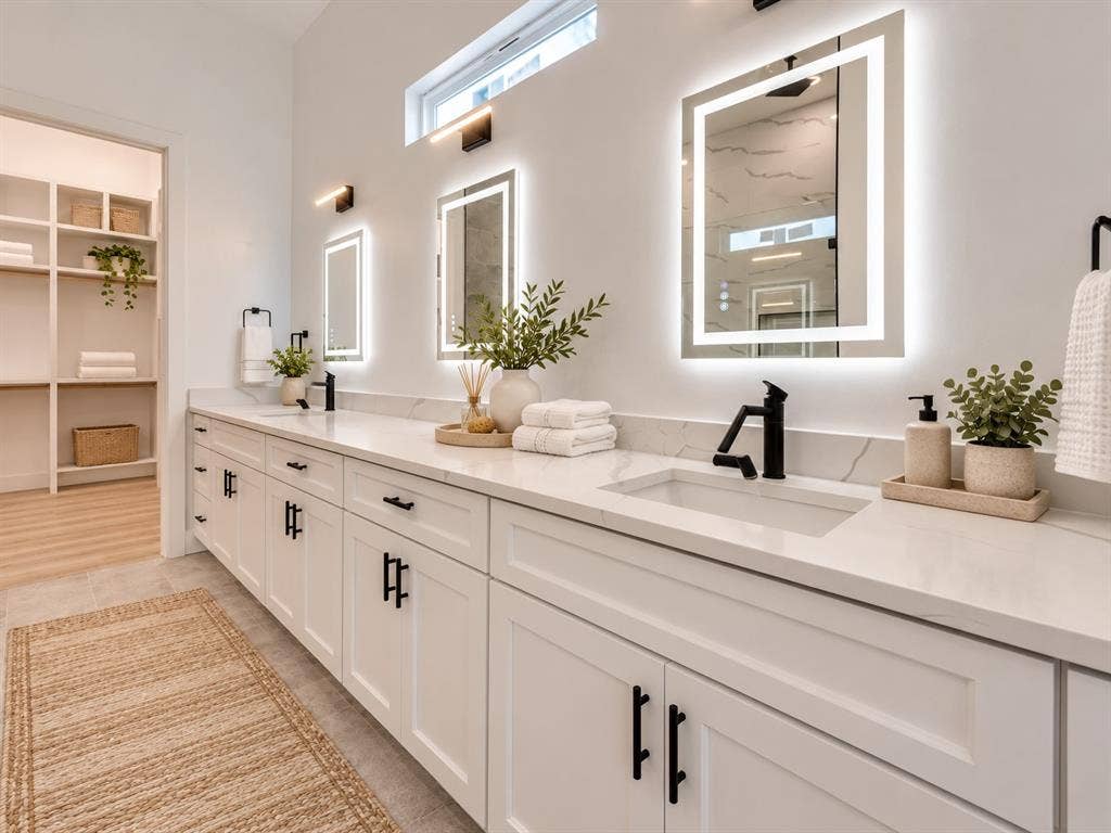 2804 Guymon Street, Dallas, TX 75212 Dual vanity with white cabinetry, matte black hardware, integrated sinks, and backlit mirrors