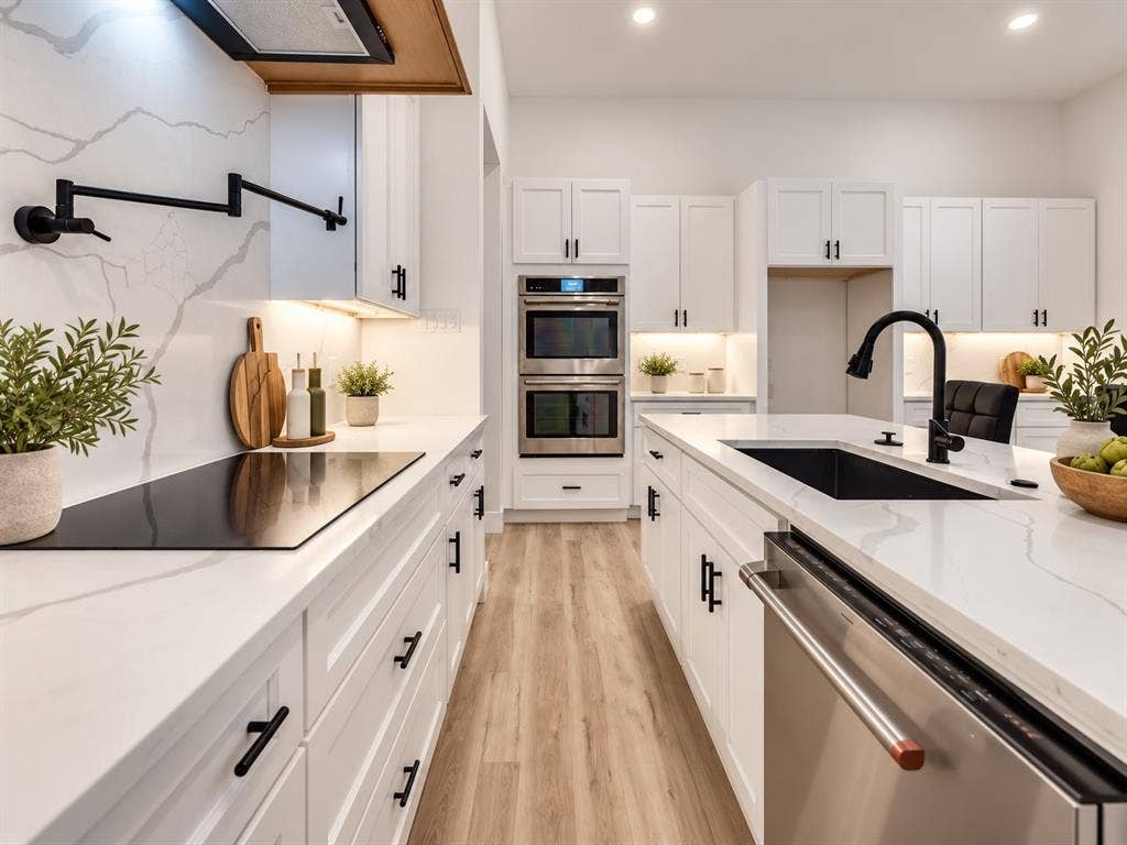 2806 Guymon Street, Dallas, TX 75212 White shaker cabinetry with matte black hardware, integrated double ovens, an induction cooktop, and a pot filler