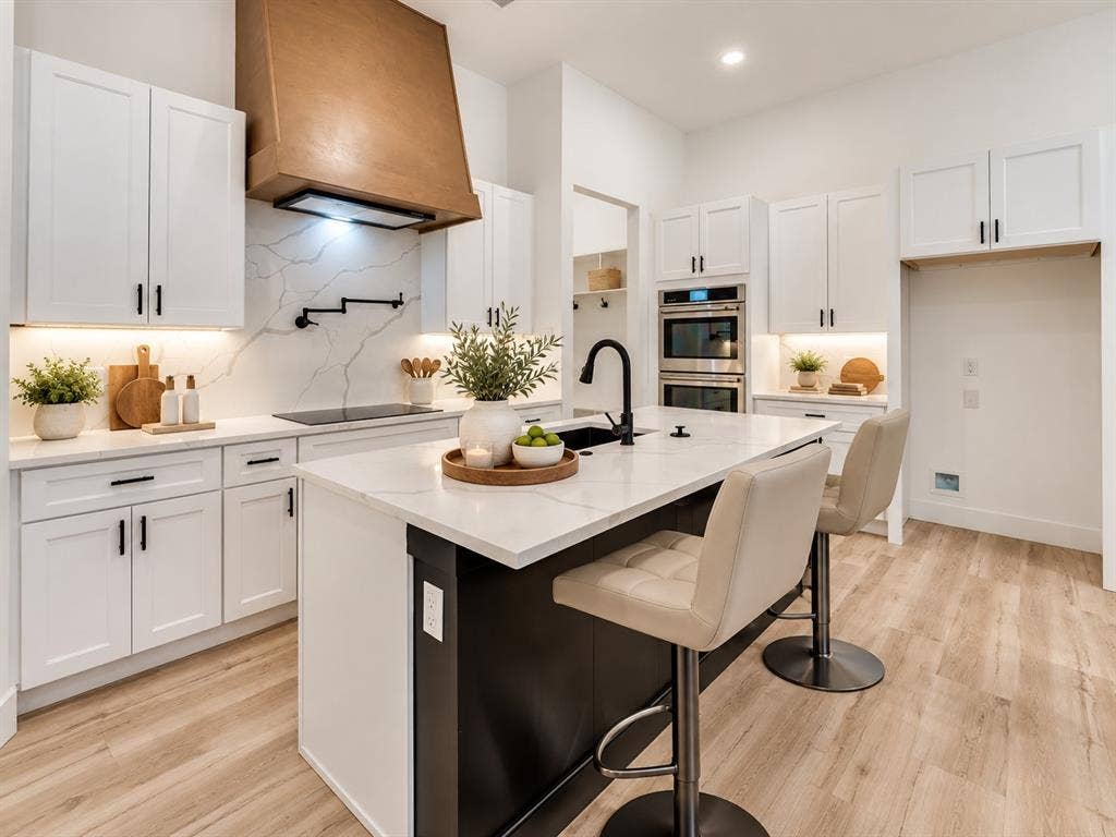 2806 Guymon Street, Dallas, TX 75212 Kitchen featuring white shaker cabinetry, an integrated cooktop, light-toned wood-finish flooring, a contemporary range hood, and a kitchen island with a dark base and light countertop