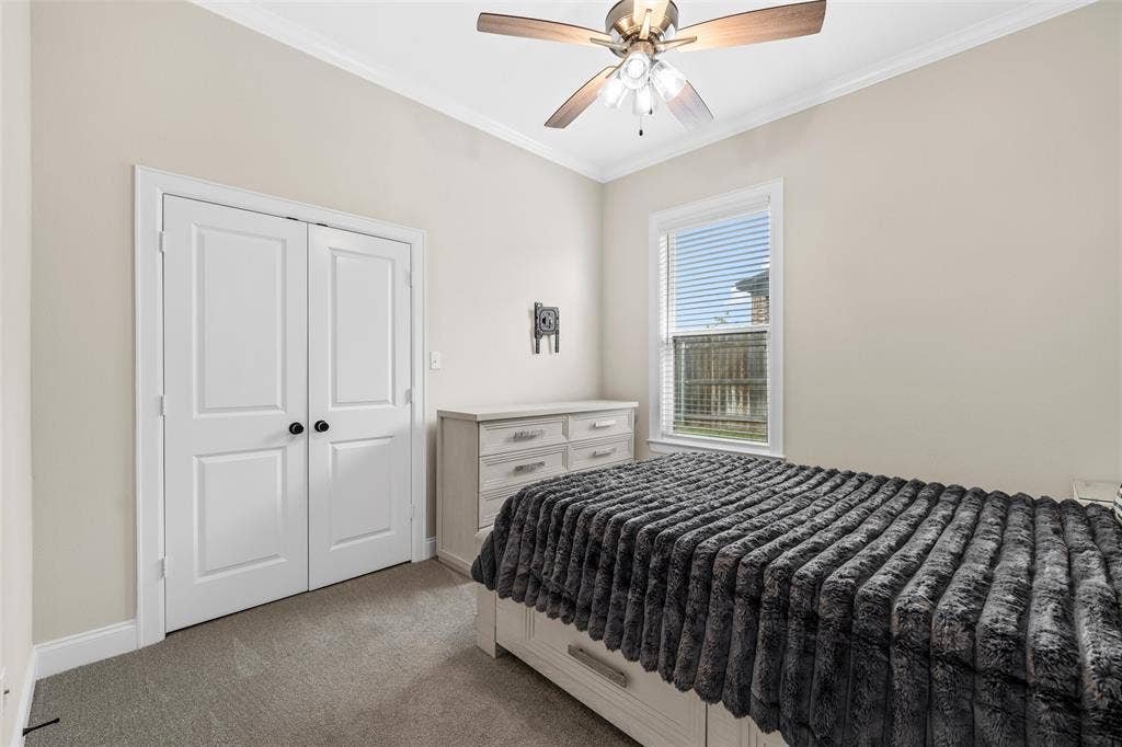 10201 Castleberry Lane, Waco, TX 76712 Neutral painted walls, crown molding, double-panel closet doors, and carpeted flooring