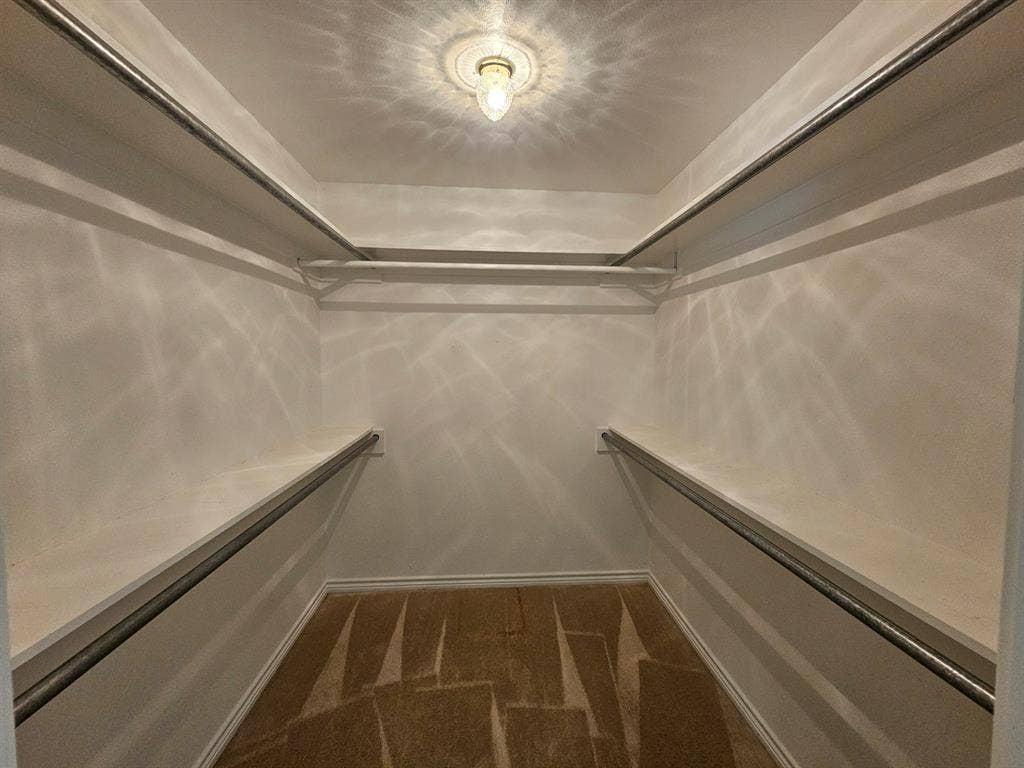 1521 Rice Road, #Z-101, Tyler, TX 75703 Walk-in closet with carpet flooring, multiple shelving units, and integrated hanging rods