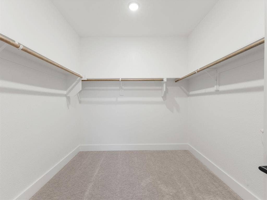 Spacious closet featuring light colored carpet