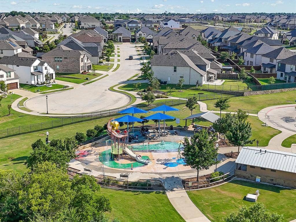 Aerial view of McCord   park with splash pad and pool area