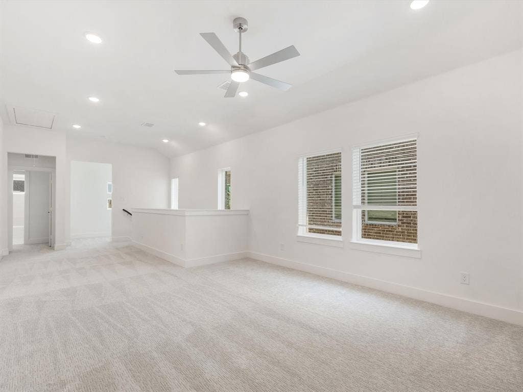 Gameroom featuring recessed lighting, light carpet, and a ceiling fan