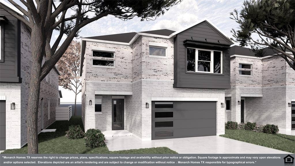 View of front of house featuring a garage, brick siding, and concrete driveway