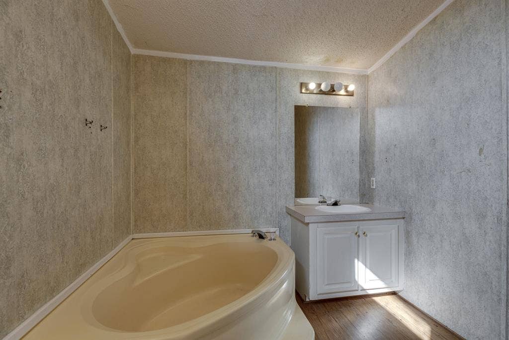 143 Summit Ridge Lane, Springtown, TX 76082 Corner bathtub, single vanity with white cabinetry, mirrored medicine cabinet, and wood-finish flooring