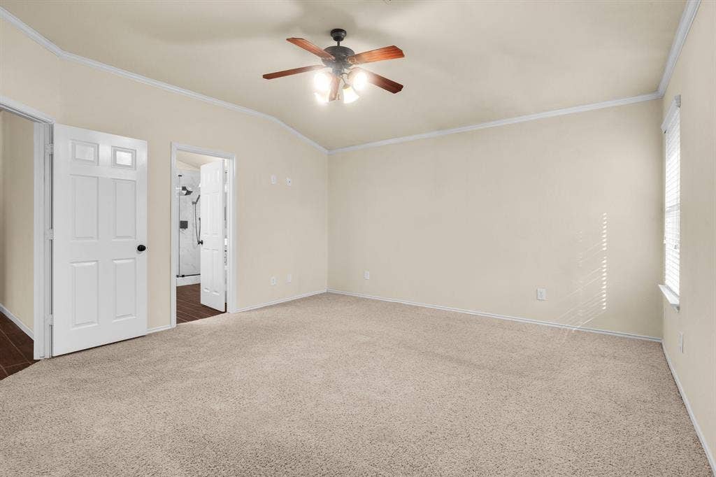 10108 Parker Springs Drive, Waco, TX 76708 Tray ceiling with crown molding, ceiling fan, carpet flooring, window with blinds, and white paneled doors