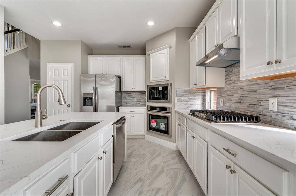 2873 Del Largo Way, Frisco, TX 75033 White cabinetry, stainless steel appliances, dual basin sink, integrated cooktop, and patterned tile backsplash