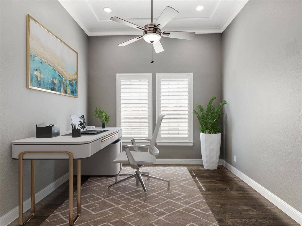 12921 Railhead Court, Frisco, TX 75033 VIRTUALLY STAGED. The private office also features plantation shutters and updated accent paint, providing a polished setting for working from home or managing daily business.