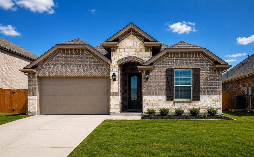 7204 Black Cherry Lane, McKinney, TX 75071 Brick and stone exterior featuring an arched entryway, decorative window shutters, and a two-car garage