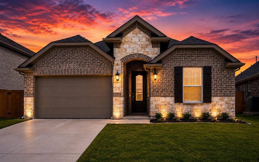 7204 Black Cherry Lane, McKinney, TX 75071 Brick and stone facade featuring an arched entryway