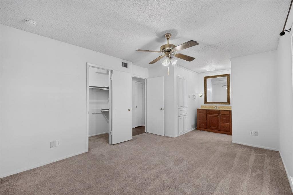 Spacious room featuring neutral carpeting, a ceiling fan, a built-in closet with shelving, a wood-finish vanity with a surface-mounted sink, and a framed mirror with wall sconces
