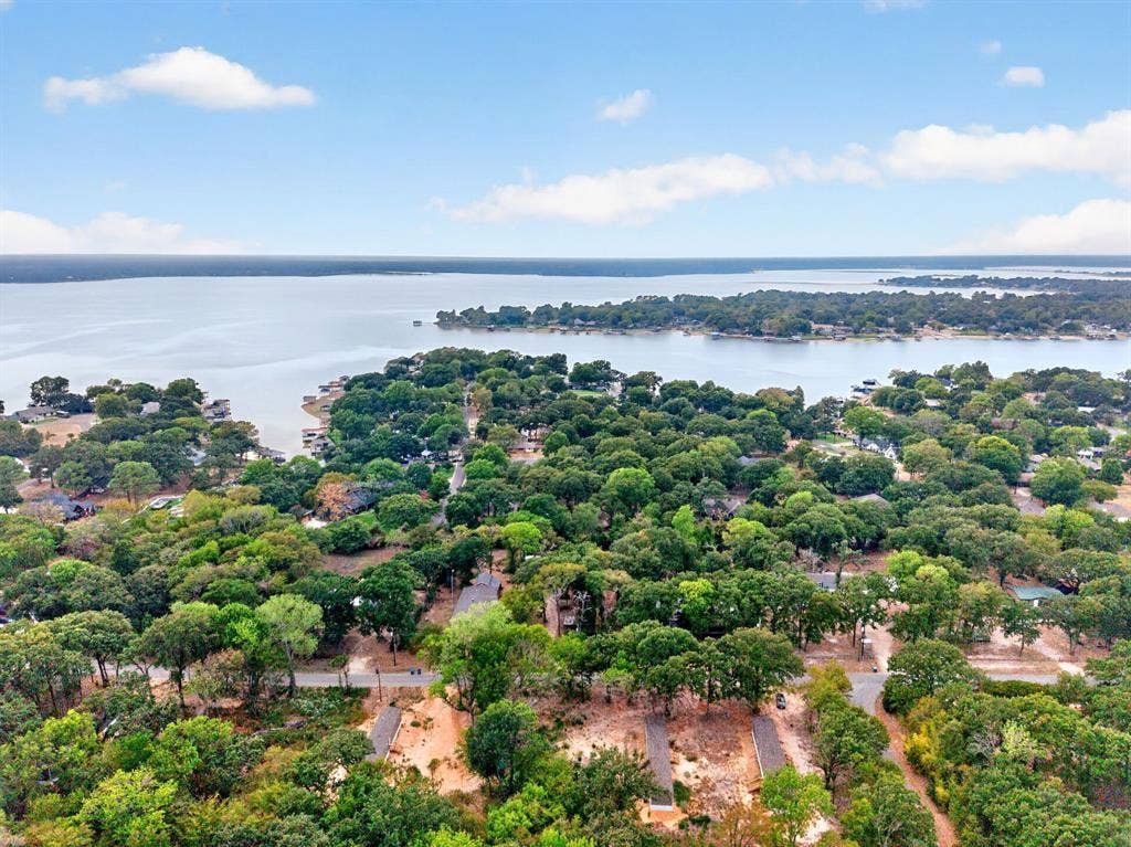 Aerial perspective featuring mature tree canopy, waterfront access, and expansive shoreline