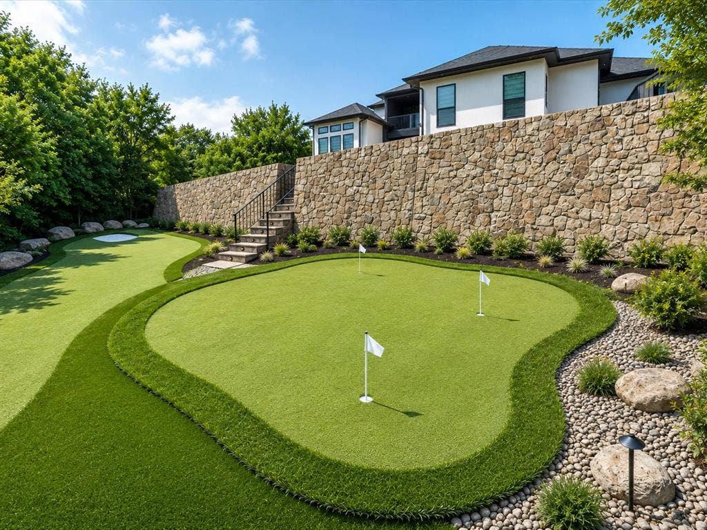 Virtually Staged golf area with putting green down the stairs from retaining wall in back yard.