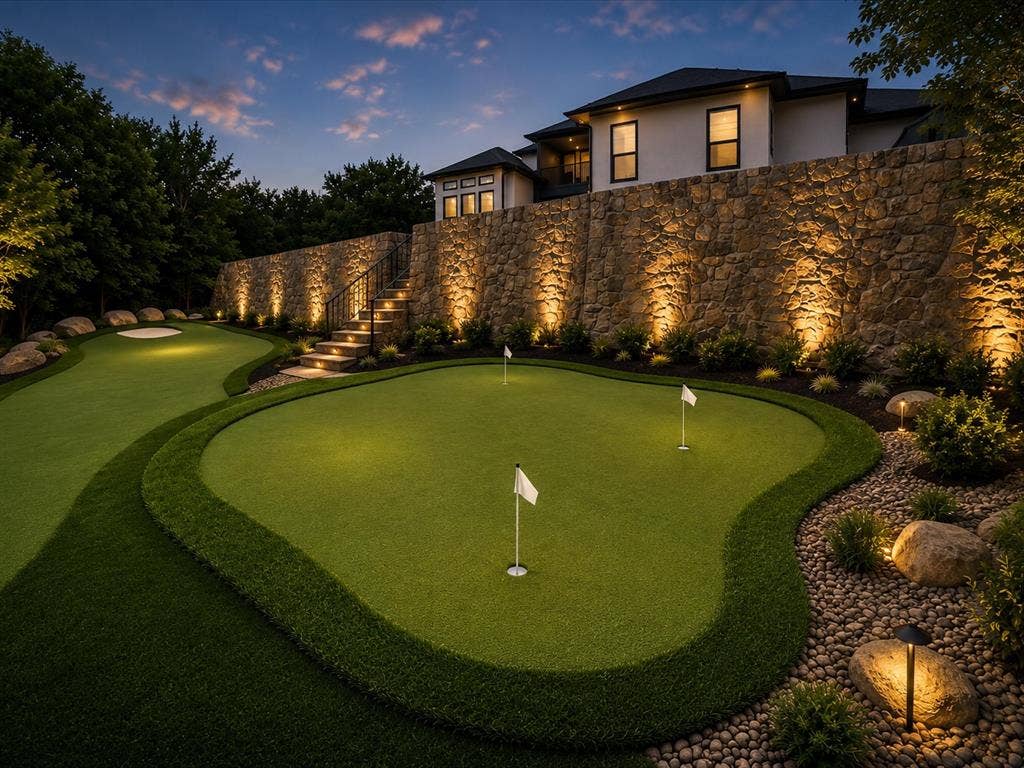 Virtually Staged golf area with putting green down the stairs from retaining wall in back yard.