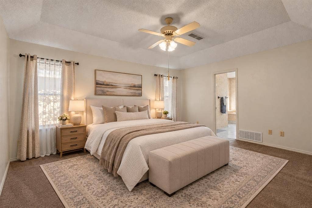 2108 Woodway Drive, Arlington, TX 76017 Virtually staged primary bedroom showcasing a warm, inviting retreat.