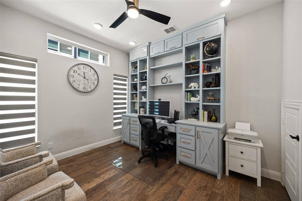 12512 Deer Trail, Frisco, TX 75035 Built-in desk and shelving unit, wood-finish flooring, recessed lighting, ceiling fan, and horizontal blinds