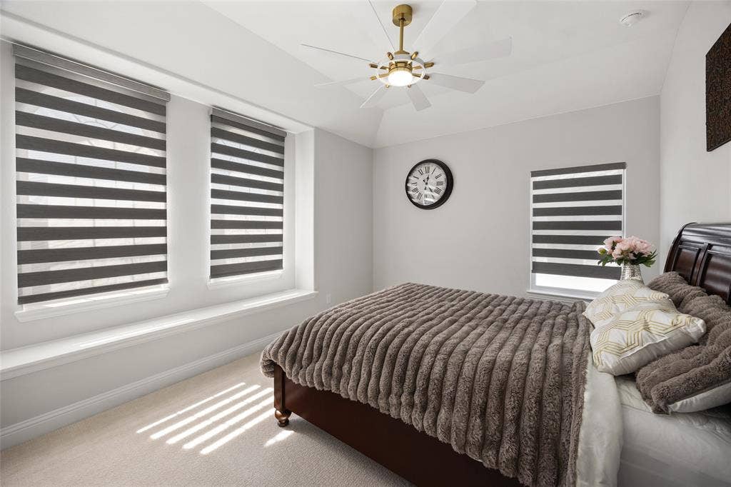 12512 Deer Trail, Frisco, TX 75035 Vaulted ceiling with a gold-finish ceiling fan and integrated lighting