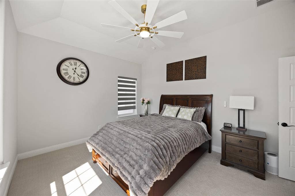 12512 Deer Trail, Frisco, TX 75035 Vaulted ceiling, ceiling fan with integrated lighting, window with horizontal blinds, built-in panel door, and light-colored carpeting