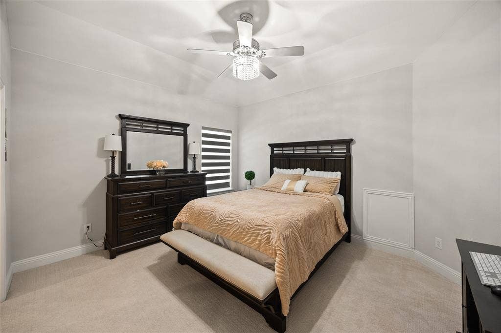 12512 Deer Trail, Frisco, TX 75035 Recessed lighting, ceiling fan with light fixture, carpeted flooring, window with horizontal blinds, and base molding