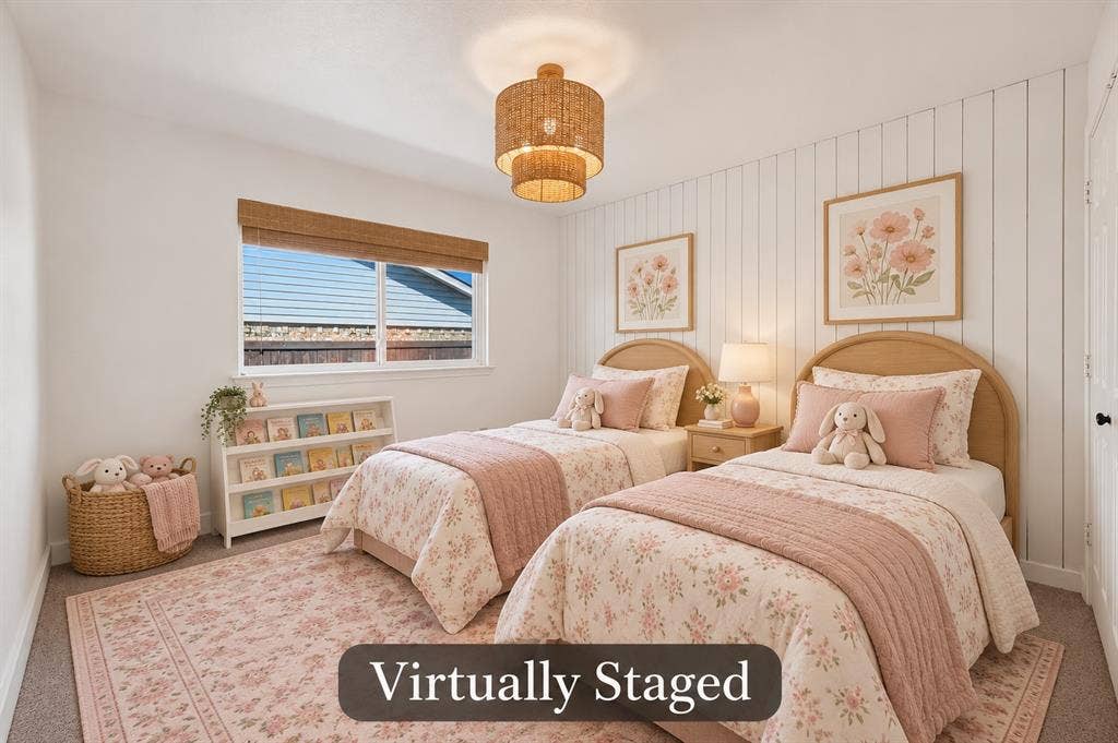 4448 Cleveland Drive, Plano, TX 75093 White beadboard detailing, woven window coverings and a decorative light fixture add charm and texture to this bright secondary bedroom. Virtually staged.
