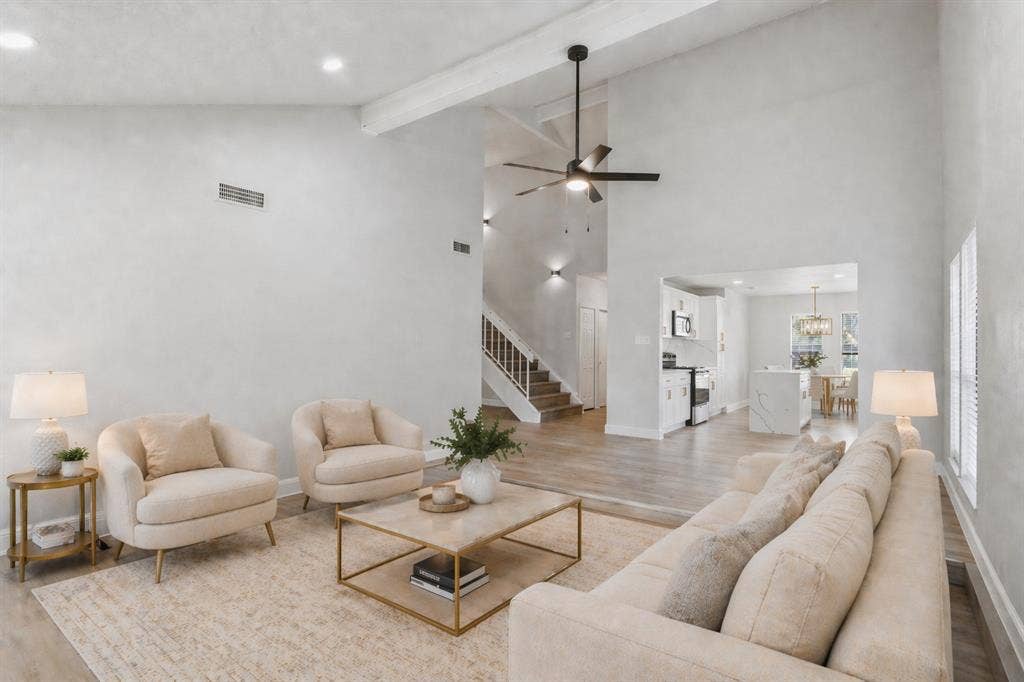 5514 Round Rock Road, Garland, TX 75044 Vaulted ceiling with exposed beam, recessed lighting, wood-finish flooring, and a ceiling fan