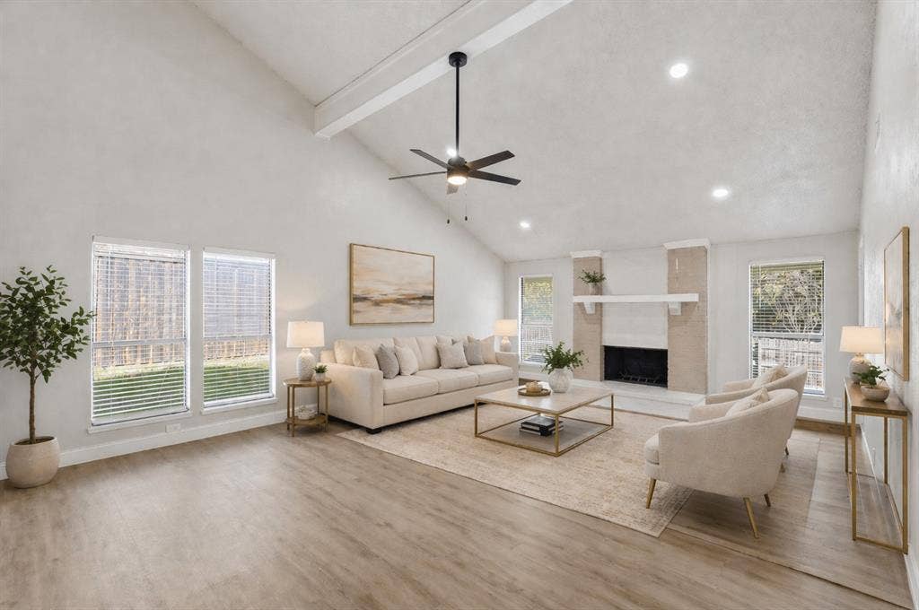 5514 Round Rock Road, Garland, TX 75044 Vaulted ceilings with exposed beams, recessed lighting, and a modern ceiling fan