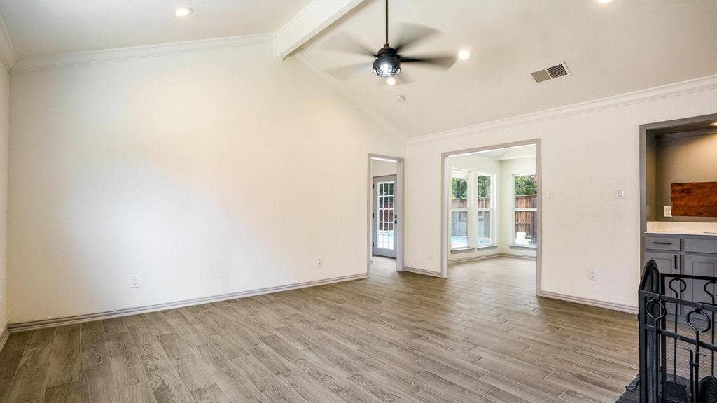 2616 Ellis Court, Plano, TX 75075 Vaulted ceiling with exposed beam, wood-finish flooring, recessed lighting, and a contemporary ceiling fan