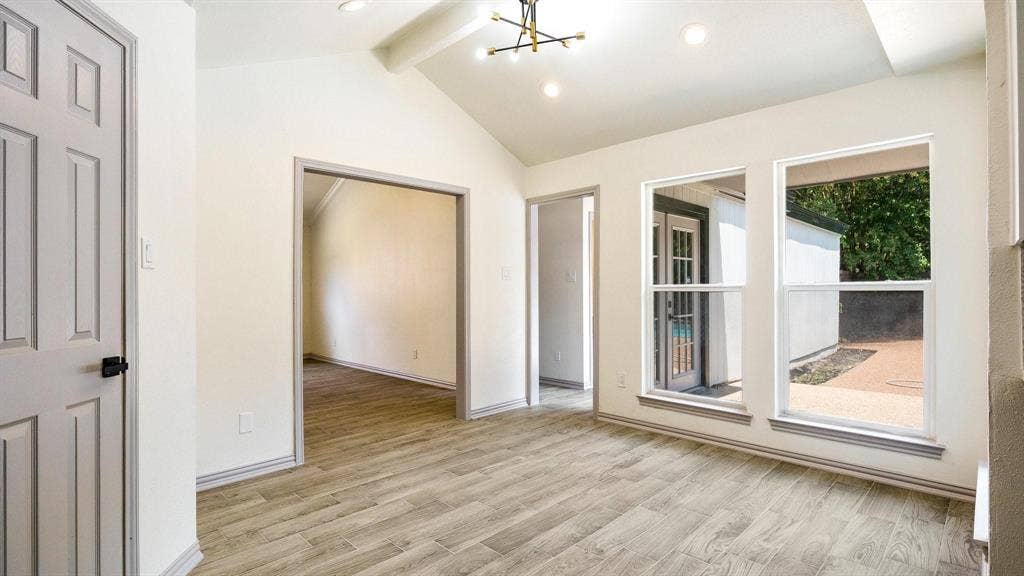 2616 Ellis Court, Plano, TX 75075 Vaulted ceiling with exposed beam, wood-finish flooring, recessed lighting, modern chandelier, and multiple windows