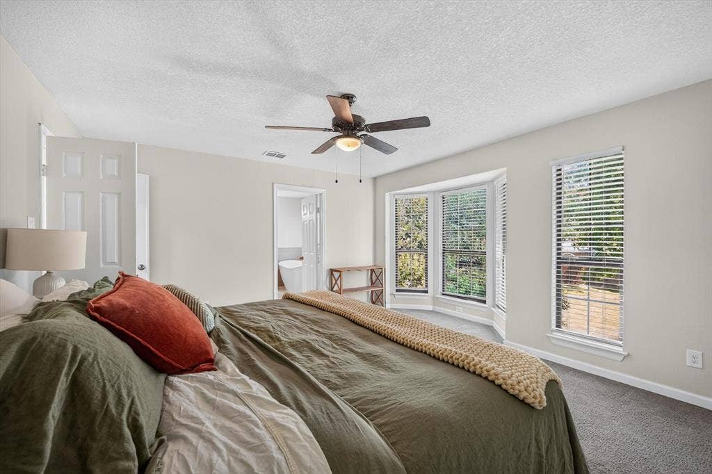519 Fox Creek Court, Denton, TX 76209 Recessed bay window, ceiling fan, carpeted flooring, and a six-panel interior door
