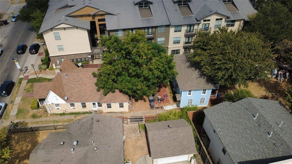 5108 Manett Street, Dallas, TX 75206 Aerial perspective highlighting the two-story accessory building.