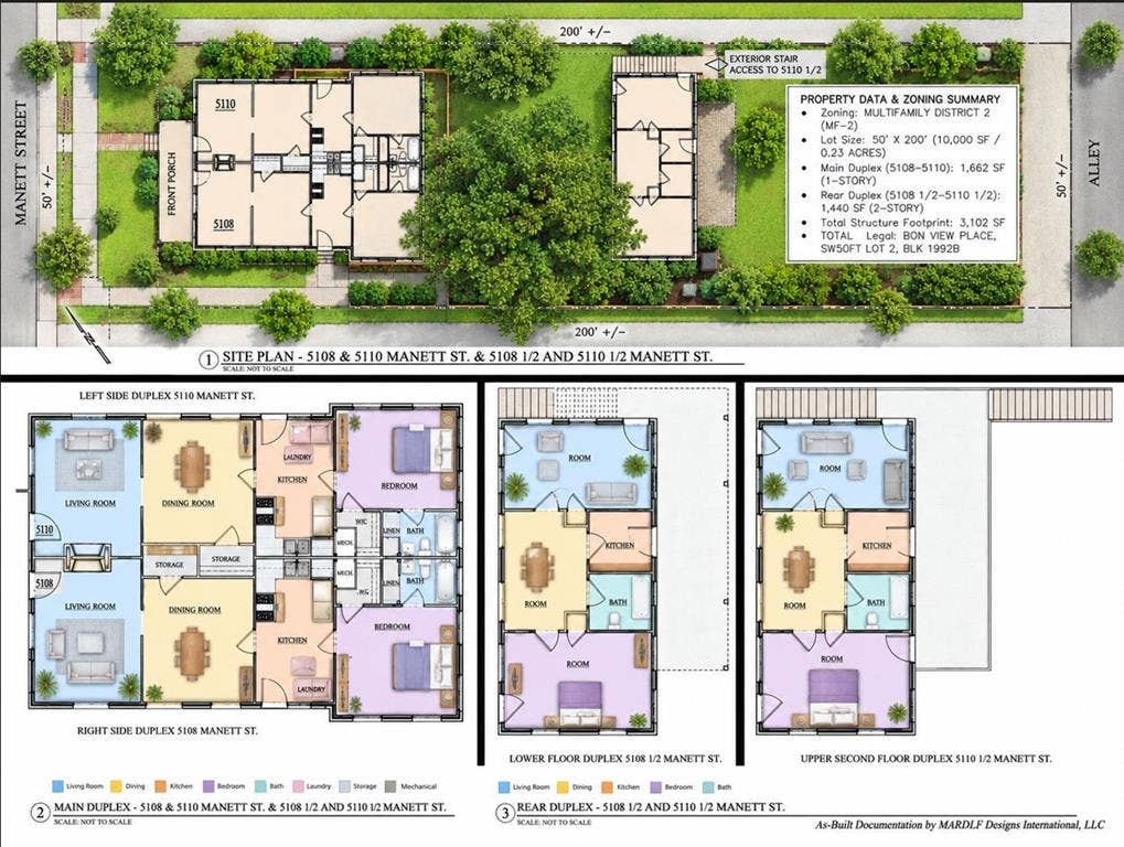 5108 Manett Street, Dallas, TX 75206 Architectural site plan and floor layout showing MF-2(A) configuration.