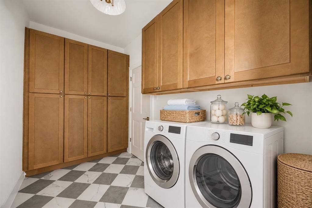 So much storage in this laundry room! (This photo has been digitally enhanced - no buyer and washer to convey with sale.)
