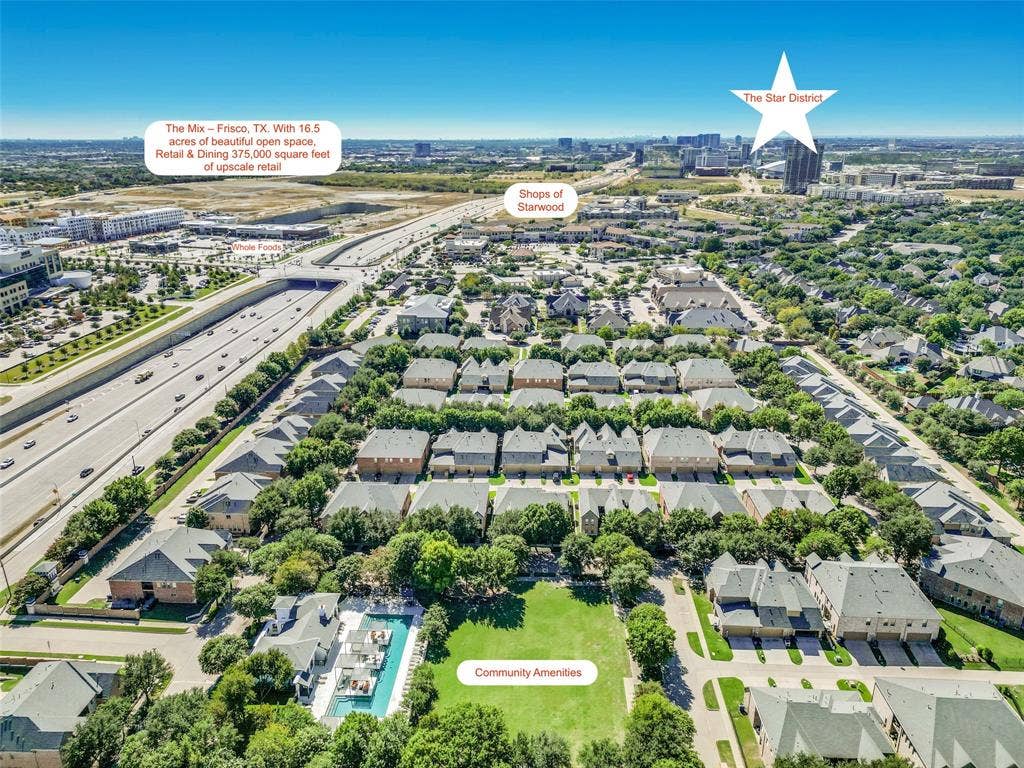 6816 Livorno Lane, Frisco, TX 75034 Aerial looking South showing community amenities, proximity to the new Whole Foods and The Mix, as well as the Shops of Starwood and The Star District!