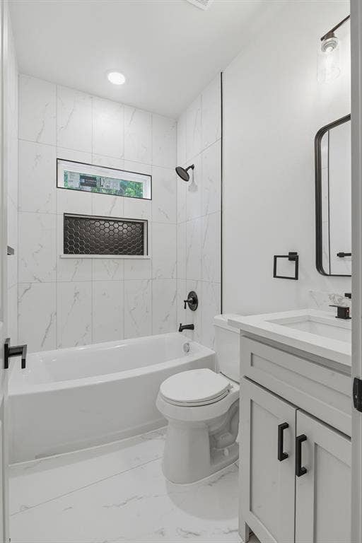 14583 Cherokee Lane, Log Cabin, TX 75148 White tile flooring, white tile bath surround, built-in bathtub, built-in vanity with white countertop, and dark-finish fixtures