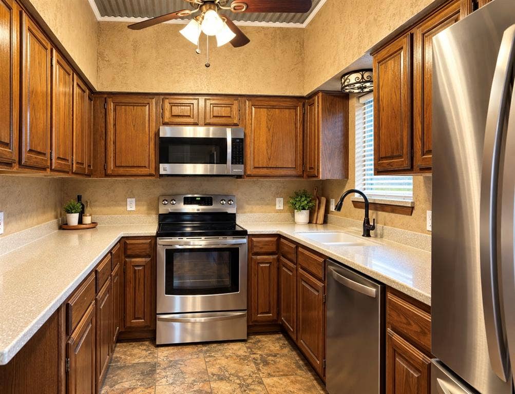Kitchen featuring wood cabinetry, stainless steel appliances, light countertops, and a ceiling fan with integrated lighting