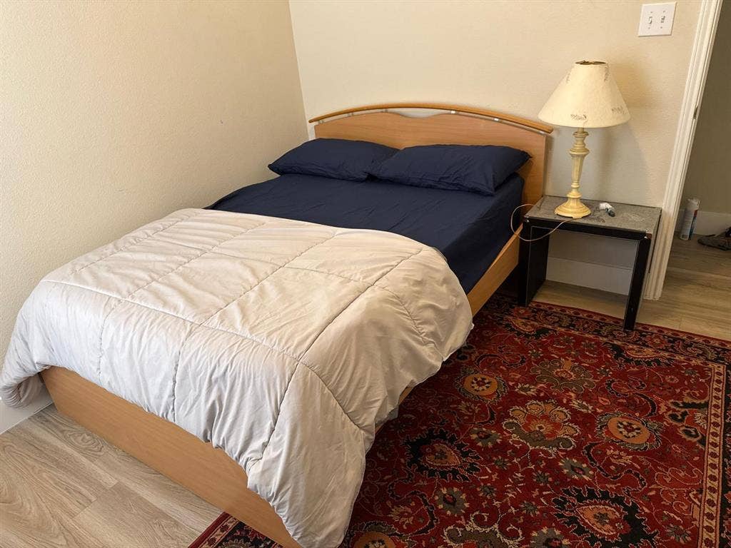Comfortable bedroom featuring a wood-frame bed, wood-finish flooring, and a decorative area rug