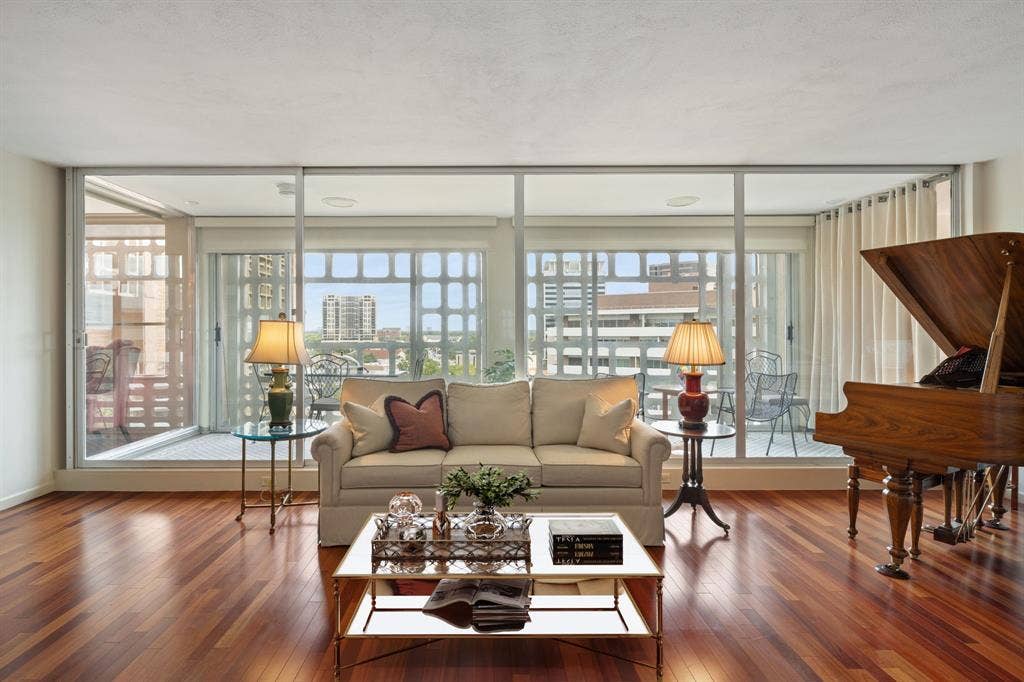 3525 Turtle Creek Boulevard, #12E, Dallas, TX 75219 Living Room and Balcony