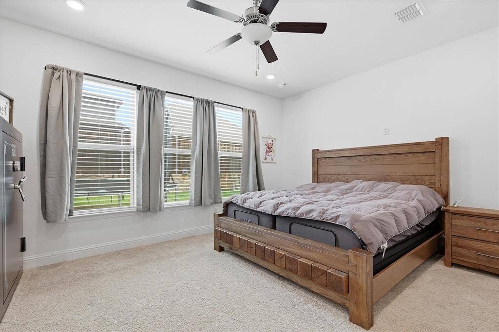 2637 Basswood Drive, Northlake, TX 76226 Recessed ceiling lighting, ceiling fan fixture, triple window arrangement, wall-to-wall carpeting, and white wall finishes