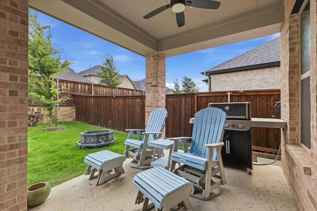 2637 Basswood Drive, Northlake, TX 76226 Covered patio featuring a ceiling fan, brick pillars, concrete flooring, and a privacy fence