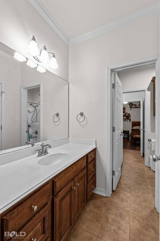 206 Silver Fox Circle, Haughton, LA 71037 Bathroom vanity featuring stained wood cabinetry, a solid-surface integrated countertop with an oval basin, a full-width wall mirror, and a multi-light fixture