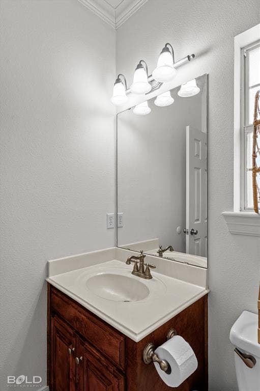 206 Silver Fox Circle, Haughton, LA 71037 Bathroom vanity featuring a dark wood-finish cabinet, integrated basin, metallic faucet, large wall-mounted mirror, and multi-bulb light fixture