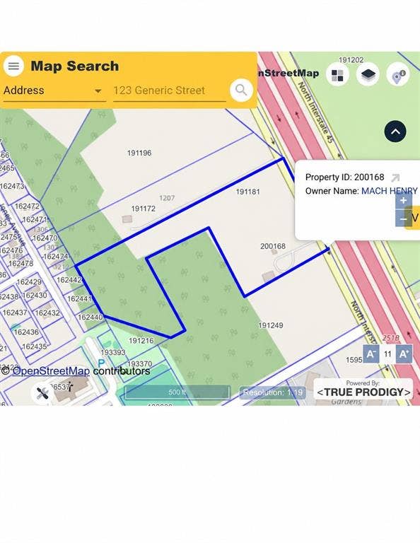 1105 I-45, Ennis, TX 75119 Property Map View. Displaying the property outline and associated parcel information including owner details