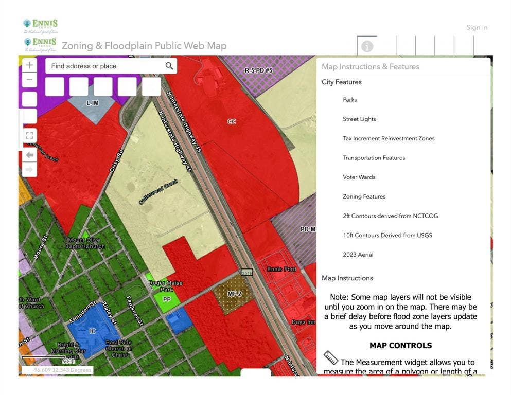 1105 I-45, Ennis, TX 75119 Zoning and Floodplain Public Web Map. Displaying city features, map instructions, and controls for the property