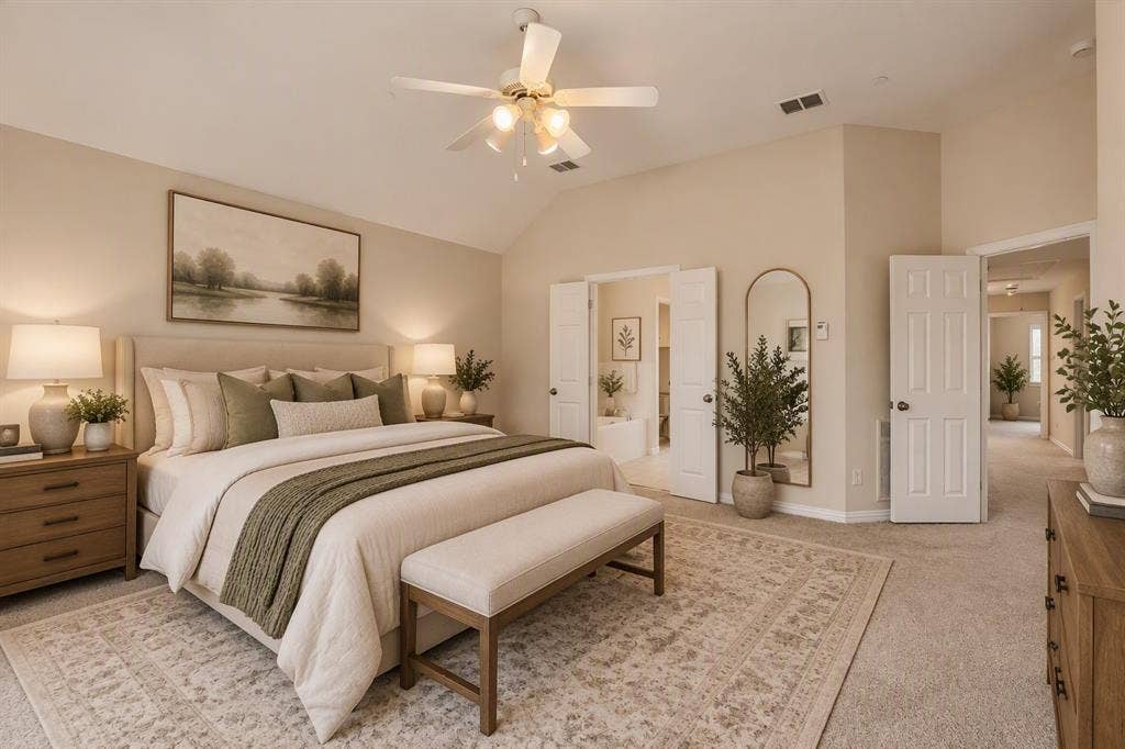 8115 Dogwood Lane, Irving, TX 75063 Vaulted ceiling with a ceiling fan, carpeted flooring, and light-toned walls